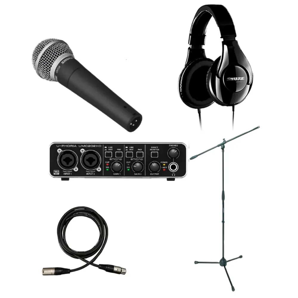 Kit de grabación Mod. ZKITREC0006 con interfaz Behringer UMC202HD, micrófono Shure SM58LC, auriculares Shure SRH240A, sopo...