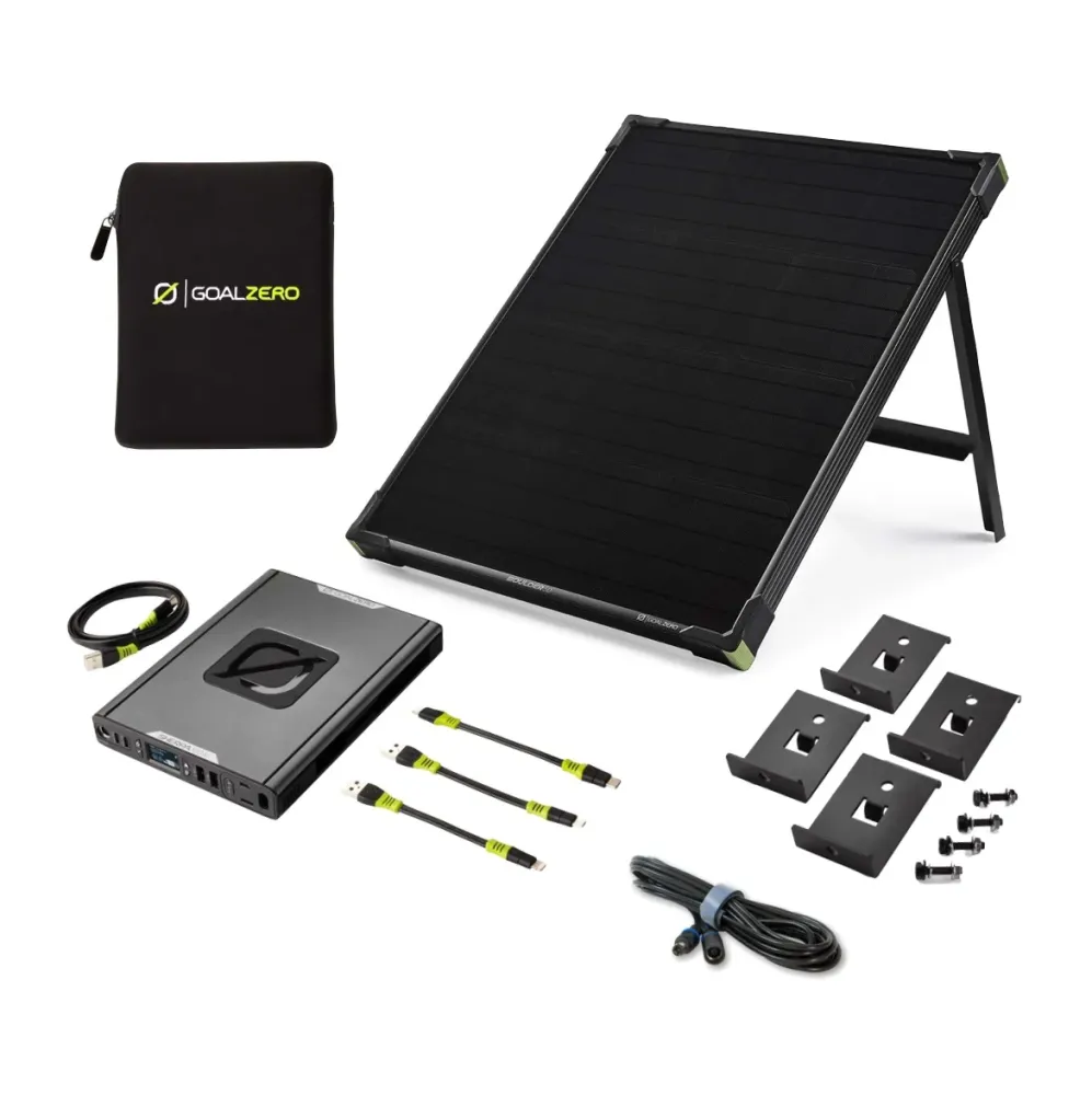 Kit de energí solar Goal Zero: banco de energí Sherpa 100 AC con USB-C, 14,8 V y 6,4 Ah; panel solar Boulder 50, 22 V, 50...