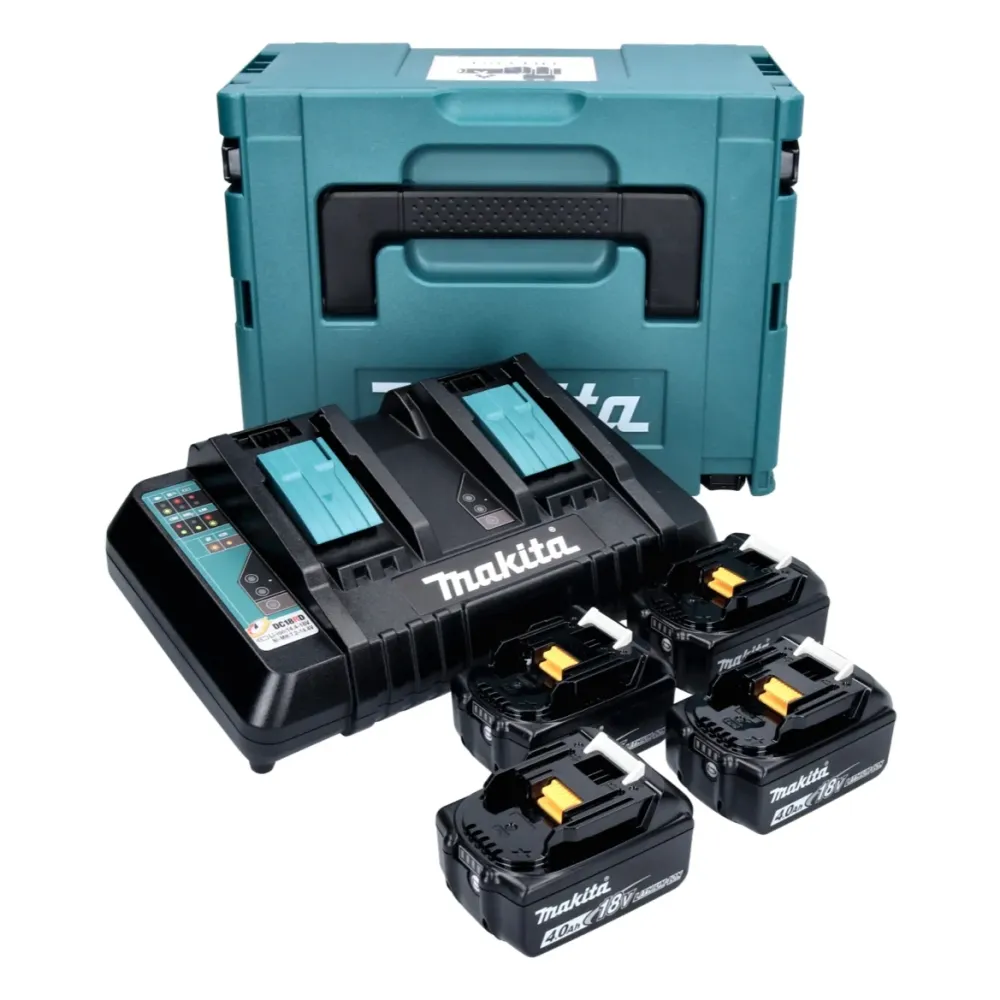 Kit de baterías Makita de 18 V: 4 baterías BL1840B de 4,0 Ah, cargador doble DC18RD (197503-4) y maletín Makpac