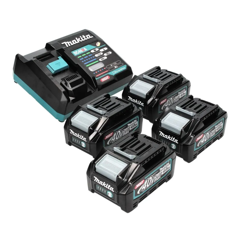 Kit de baterías Makita XGT 40 V máx. con 4 × BL 4040 de 4,0 Ah (4 × 191B26-6) y cargador rápido DC 40 RA XGT LXT (191E07-8)