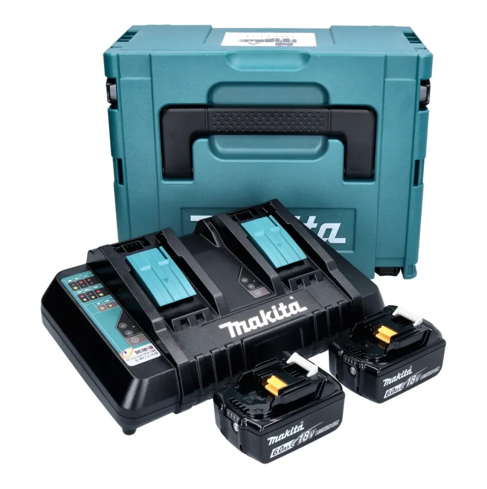 Makita: 2 baterías BL1860B de 6,0 Ah y 18 V (2x 197422-4) + cargador rápido dual DC18RD (196933-6) + maletín Makpac
