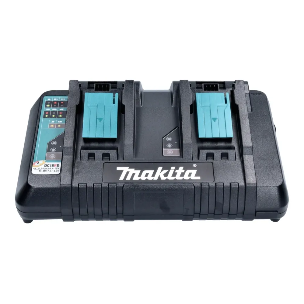 Makita: 2 baterías BL1860B de 6,0 Ah y 18 V (2x 197422-4) + cargador rápido dual DC18RD (196933-6) + maletín Makpac