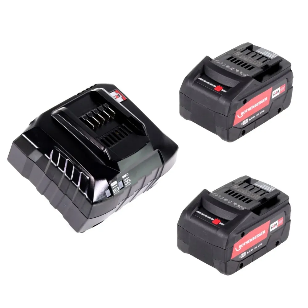 Juego de 2 baterías Rothenberger RO BP18/8 LiHD de 18 V, 8,0 Ah (1000002549) con cargador RO BC14/36 UE (1000001654)