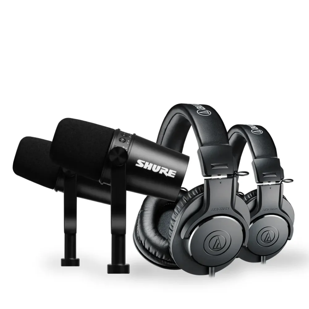 Kit para podcast PODKIT1: 2 micrófonos Shure MV7-K + 2 auriculares Audio-Technica ATH-M20x (ATHM20X)